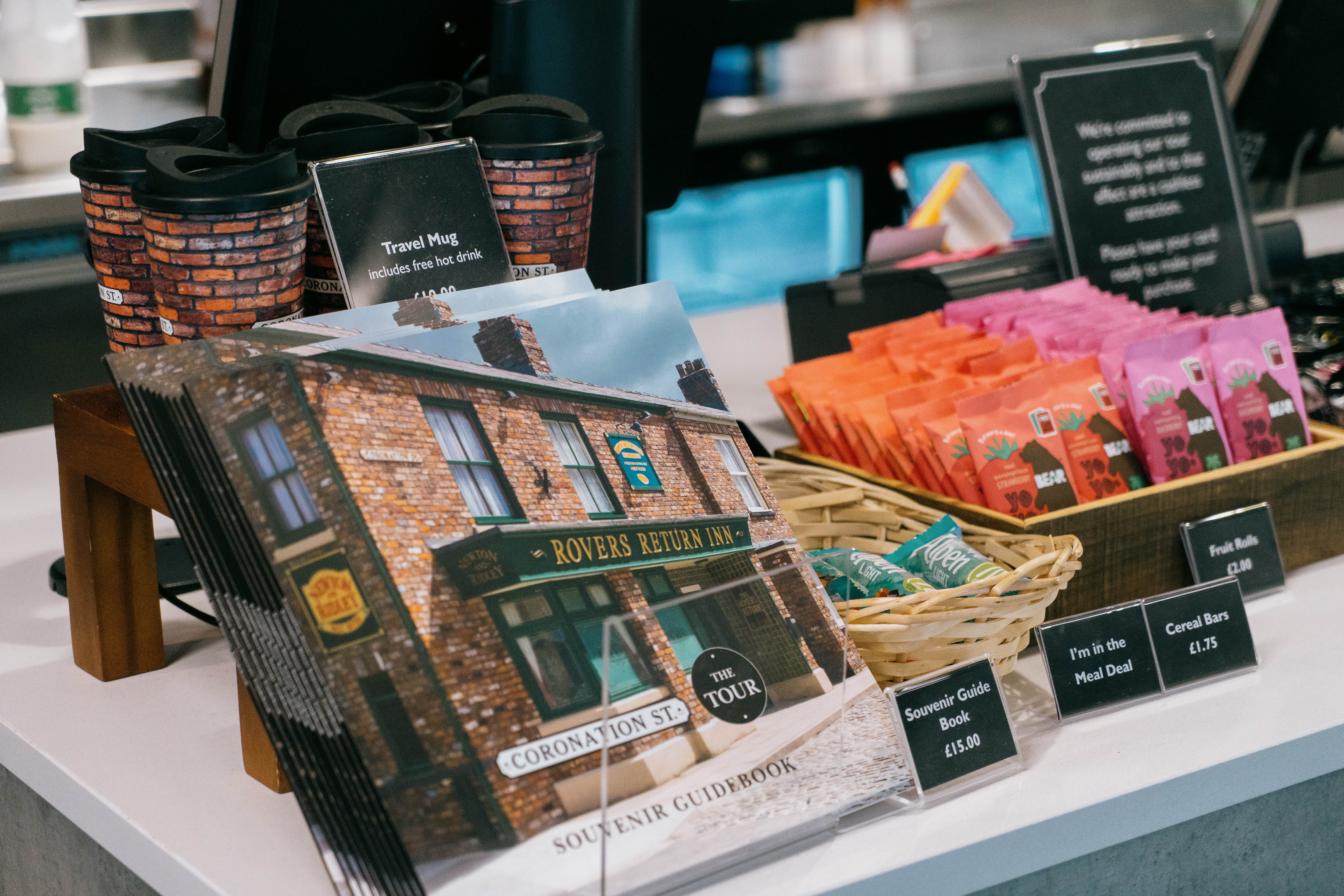 Coronation Street gift shop displaying various merchandise at the Coronation Street Experience in Manchester